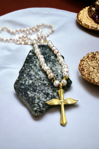 Pearly Cross Angel Kolye