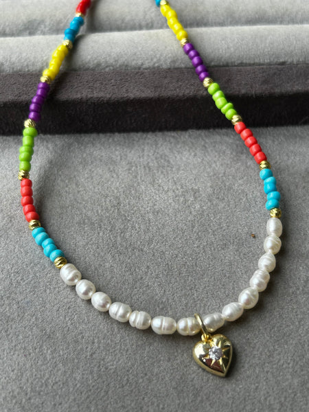 Candy & Pearl Heart Kolye